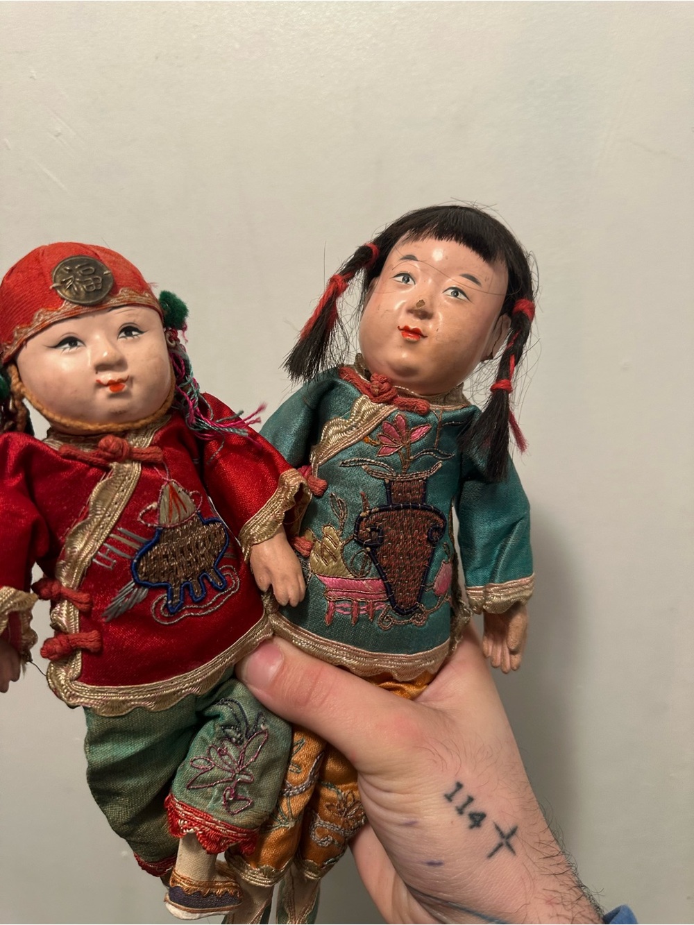 Vintage Chinese Embroidered Dolls – Pair – Traditional Silk Clothing
